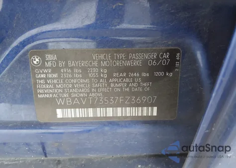 2007 BMW 328Xi из США, поврежденный, VIN WBAVT73537FZ36907